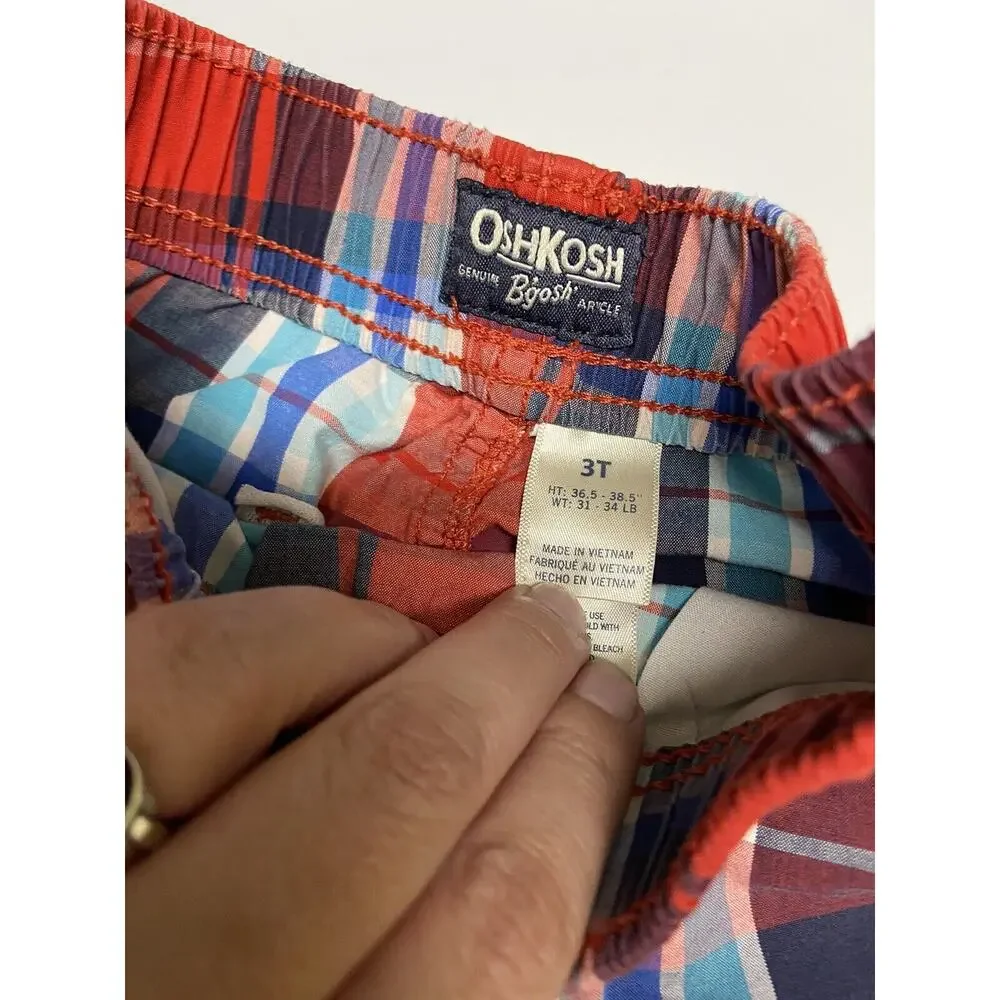 OshKosh Boys Shorts Sz 3T Red Blue White Plaid Elastic Waist